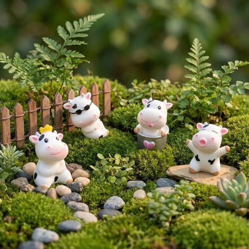 4 Pcs Mini Resin Dairy Cow Figurines, Cute Car Dashboard Decor, Funny Rearview Mirror Ornaments, Fairy Garden Landscape, Gift for Pet Lovers (White Dairy Cow)