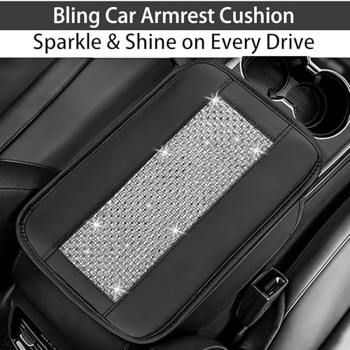 NBTEPEM Bling Car Armrest Cover, Universal Microfiber Leather Center Console Cover with 2 Pockets, Rhinestone Car Armrest Cushion Protector, Bling Accessories Interior (Silver Diamond) - color: Silver Diamond