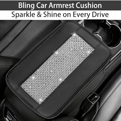 NBTEPEM Bling Car Armrest Cover, Universal Microfiber Leather Center Console Cover with 2 Pockets, Rhinestone Car Armrest Cushion Protector, Bling Accessories Interior (Silver Diamond) - color: Silver Diamond