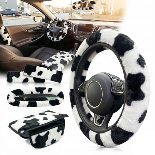 5 Pcs Fuzzy Animal Print Car Accessories Set, Soft Fluffy Plush Steering Wheel Cover, Center Console Armrest Pad & Rearview Mirror Cover - Interior Decorations for Women,Universal Fit (Cow Print) - color: Cow Print