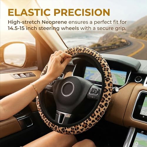 Leopard Cheetah Print Steering Wheel Cover - Universal 14-15 Inch Anti-Slip Breathable with 2pc Animal Print Matching Coasters Set for Men Women - color: Leopard