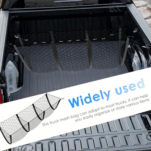 3 Pocket Truck Bed Cargo Net, Upgrade Stretchable Elastic Trunk Bed Organizer for SUV, Car, Pickup Truck Bed, Universal Pickup Mesh Storage Net 47.2" x 11.8" with 4 Ball Bungees