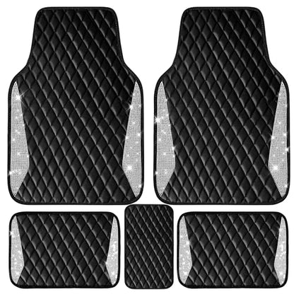 CAR PASS Bling Leather Car Mats Shining Diamond Floor Mats Crystal Rhinestone Sparkly Glitter Carpet Anti-Slip Waterproof Pad Universal Fit Automotive SUV, Sedan, Van, 5pcs Girl Women, Black Silver - color: Black Leather White Diamond