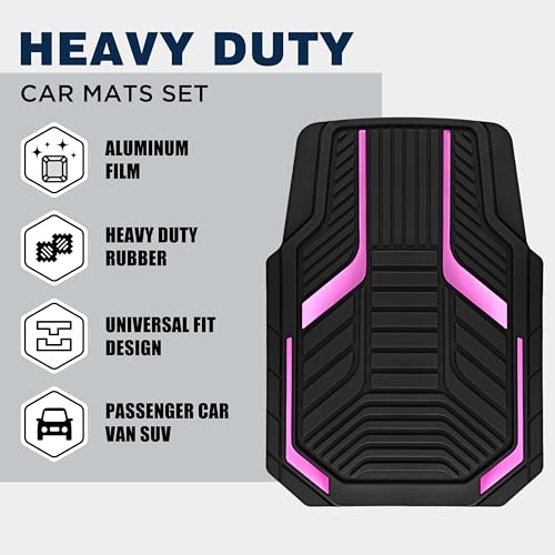 PIC AUTO Heavy Duty Rubber Floor Mats, Pink Aluminum Film Car Mats Set, Front and Rear Car Mats with Anti-Slip Backing, All Weather Protection, Trim-to-Fit for Automotive SUV, Sedan, Van - color: Pink