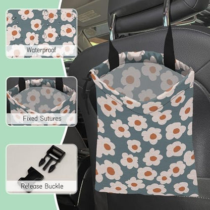 Groovy Flowers Car Garbage Bag,Daisy Waterproof Small Car Trash Bag Hanging Back of Seat,Drawstring Hanging Car Trash Bag with Adjustable Buckle for Car Accessories - color: Groovy Flowers