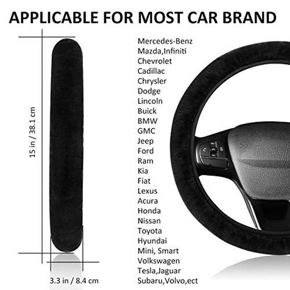 Fluffy Steering Wheel Cover for Women Girls, Accmor Universal Fit 15 inch Fur Car Wheel Cover & Handbrake Cover & Gear Shift Cover Set, Fashion Winter Warm Fuzzy Vehicle Wheel Protector (Black)