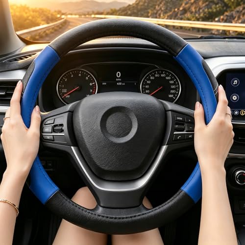 Black and Blue Line Punching Car Steering Wheel Cover, Microfiber Leather Sports, 14.5-15 in Universal Leather Wheel Covers, Breathable Fashion Anti-Slip, Steering Wheels Accessories for Men Women - color: Line Punching-Black and Blue