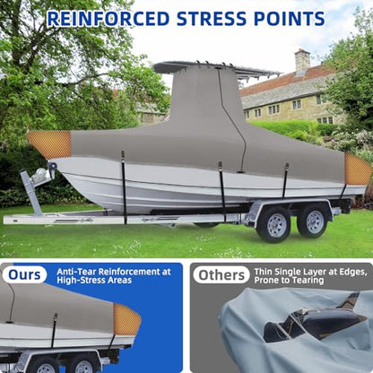 Marine Grade Waterproof Center Console Boat Cover with T Top Roof, Tear Resistant Trailerable Storage Covers, All-Weather Protection T-Top Boat Cover 20-22 ft, Beam Width Up to 106", Gray - color: Gray, size: 20'-22'Long (Beam width up to 106'')