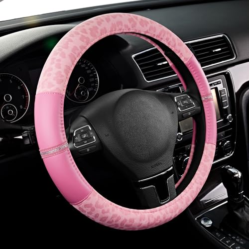Road Comforts Leopard Steering Wheel Cover for Women, Cute Anti-Slip Microfiber Leather, Universal Fit 14.5-15 Inch Round Steering Wheel - Full Pink - color: Round All Pink