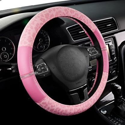 Road Comforts Leopard Steering Wheel Cover for Women, Cute Anti-Slip Microfiber Leather, Universal Fit 14.5-15 Inch Round Steering Wheel - Full Pink - color: Round All Pink