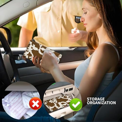 Leather Car Registration and Insurance Card Holder, Cute Car Accessories Vehicle Glove Box Car Organizer for Documents, Cards, License Brown Cow Print - color: Brown Cow Print