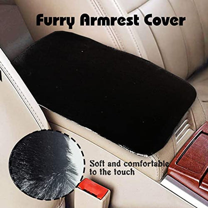 YUNXNYC Fluffy Car Armrest Cover, Furry Fuzzy Auto Center Console Cover Pad Wool Fur Soft Consoles Seat Box Protector Universal Fit Interior Accessories for Women (Black)