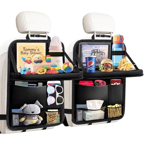 TCJJ Car Seat Organiser, Car Organiser Back Seat for kids, Car Backseat Seat Kick Protector with Tray and Touch Screen Tablet Storage Pockets Black/2 Pack - color: 2Pack with Food Tray-Black