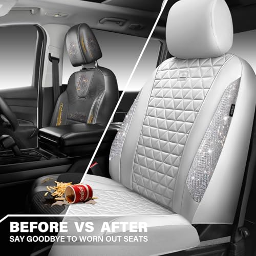 CAR PASS All White Bling Diamond Leather Car Seat Covers Full Sets,Waterproof Shining Glitter Sparkly Crystal Universal Fit for Automotive Truck SUV Cute Women Girl Airbag Compatable,Sliver Rhinestone - color: All White Rhinestone, size: Full Set