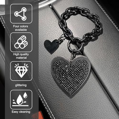 1 PC Cute Heart Keychains, Pretty Bling Key Chain Accessories, Heart Shape Key Chain with Sparkly Rhinestones for Car Keys Purse Charms Handbag Backpack Accessories (Black)