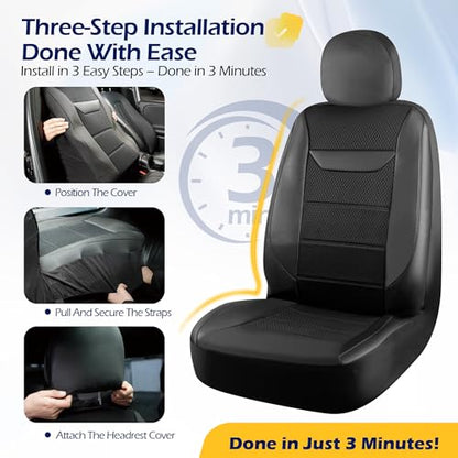 kingphenix 2 Pack Front Memory Foam Leather Car Seat Covers, Breathable 4D Mesh, Easy Install Automotive Seat Protectors, Airbag Compatible, Universal Fit for Cars, Trucks, Vans, SUV - Black