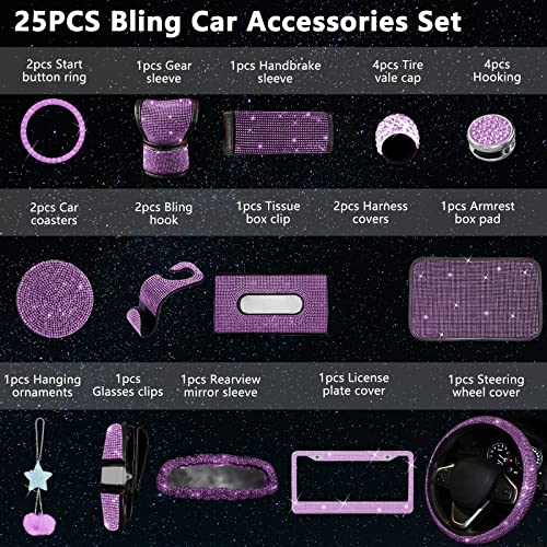 25PCS Bling Car Car Accessories Set,15 Inch Steering Wheel Cover,Shiny License Plate Frame,Center Console Cover and Rearview Mirror Set and Other Car Accessories(Purple) - color: Purple