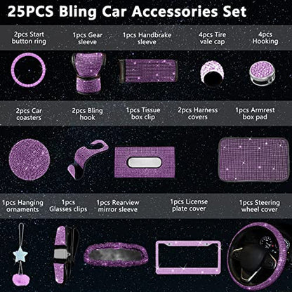 25PCS Bling Car Car Accessories Set,15 Inch Steering Wheel Cover,Shiny License Plate Frame,Center Console Cover and Rearview Mirror Set and Other Car Accessories(Purple) - color: Purple