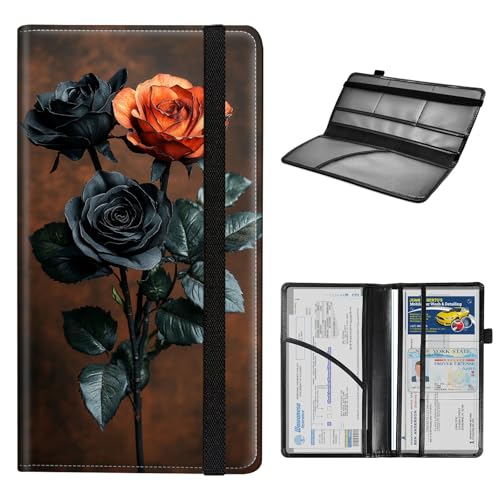 Car Registration and Insurance Holder for Women Men,Automobile License Document Card Holders Vehicle Glove Box Organizer Leather Accessories Driver Essential,Black Orange Roses - color: Black Orange Roses