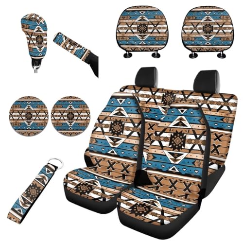Horeset Aztec Antique Car Seat Cover Full 11 Pcs Set with Etnnic Africa Lanyards Key Chain+Auto Cup Pad+Car Seat Headrest Cover+Gear Shift Knob and Handbrake Cover Universal Fit - color: Aztec Antique Etnnic Africa