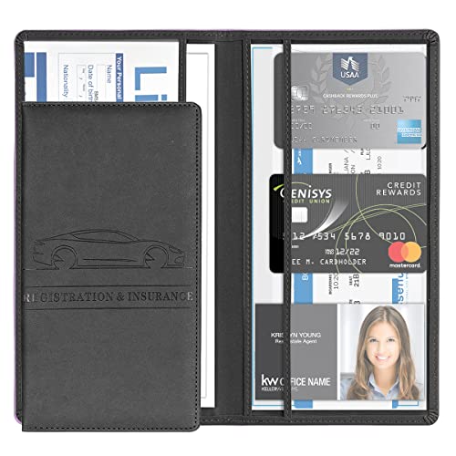 8sanlione Car Registration and Insurance Card Holder, PU Glove Box Essential Documents Paperwork Driver License Organizer for Car, Wallet Case Auto Vehicle Truck Accessories for Women and Men （Black） - color: Black