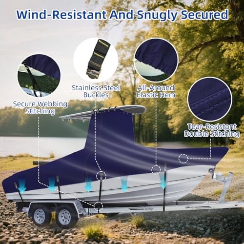 Marine Grade Waterproof Center Console Boat Cover with T Top Roof, Tear Resistant Trailerable Storage Covers, All-Weather Protection T-Top Boat Cover 24-26 ft, Beam Width Up to 112", Navy - color: Navy, size: 24'-26' Long (Beam Width up to 112")