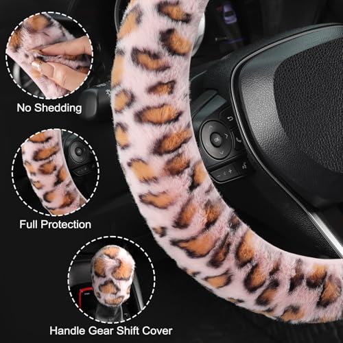 SEG Direct Furry Car Steering Wheel Cover with Gear Shift Cover, Soft and Warm, Cute Fluffy Auto Decor for Women Men, Standard Size, 2 PCS Set, Pink Leopard - color: Pink Leopard
