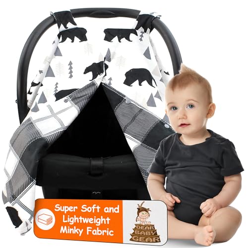 Dear Baby Gear Car Seat Cover for Infant, Newborn Carrier Canopy, Mother’s Day Gift for Moms, Baby Shower Blanket, Stroller & Nursing Cover w/ Snap Opening, 40x30in, Black & Grey Plaid Bears Design - color: Black Bears, Black and Gray Plaid Minky