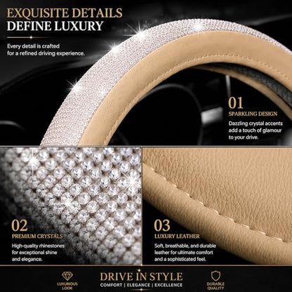 Bling Rhinestone Car Steering Wheel Cover for Women,PU Leather Crystal Diamonds Crown Steering Wheel Covers Non-Slip Universal 15"/38 cm (Beige) - color: beige