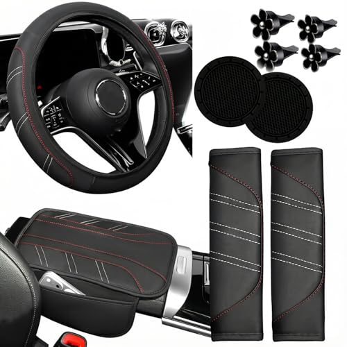 10PCS Car Interior Accessories Sets,Steering Wheel Cover, Seat Belt Cover Pads, Center Console Cover,Cup Holder Coasters,Air Vent Decorative Clip(Black) - color: Black