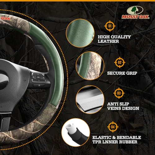 Mossy Oak Full Camo Steering Wheel Cover - Made from Premium Leather, Universal Fit for 14 1/2 to 15 inches - Official Licensed Product - Green Color - color: GREEN