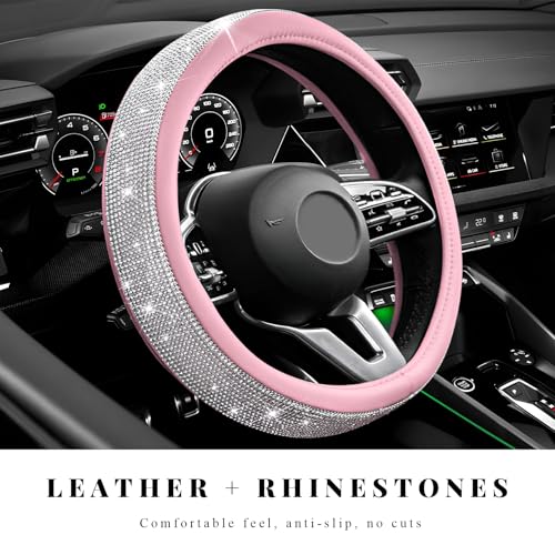 Diamond Leather Steering Wheel Cover, 15 Inch Bling Crystal Rhinestone Anti-Slip Wheel Protector, Universal Sparkling Elegant Diamond Steering Wheels Cover for Women Girl (White&Pink) - color: White&Pink