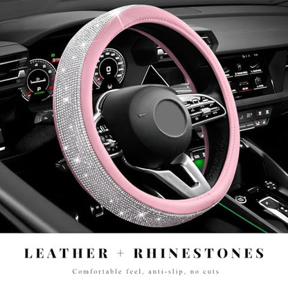 Diamond Leather Steering Wheel Cover, 15 Inch Bling Crystal Rhinestone Anti-Slip Wheel Protector, Universal Sparkling Elegant Diamond Steering Wheels Cover for Women Girl (White&Pink) - color: White&Pink
