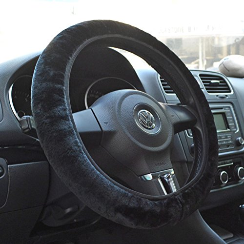 Soft Faux Wool Winter Car Stretch-On Steering Wheel Cover (Diameter 13.7in-15.7in,Plush Black) - color: Plush Black - Diameter 13.7in-15.7in