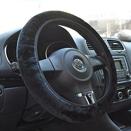 Tianmei Soft Faux Wool Winter Car Stretch-On Steering Wheel Cover (Diameter 13.7in-15.7in,Plush Black) - color: Plush Black - Diameter 13.7in-15.7in