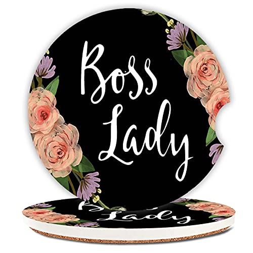 Boss Lady Floral Absorbent Car Coasters,Floral Design Decorative Ceramic Cup Holders Coasters with a Finger Notch for Women Men 2.56"(2 Pieces) - color: Boss Lady Floral