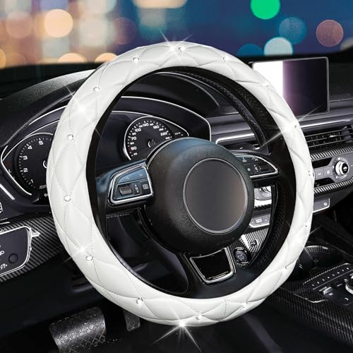SuperKaKa Steering Wheel Cover, Auto Cute PU Diamond Bling Breathable Soft Comfort Leather Car Interior Accessories Sparkly Fit Most O-Shaped Steering Wheels for Women Men (White) - color: White