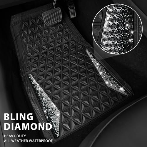 CAR PASS Bling Diamond Car Mats Rubber Floor Mats Full Set Anti-Slip 3D Rhombus Waterproof Trim to Fit Liner Universal Glitter Crystal Sparkly Shining Rhinestone Girl Women SUV Sedan Van, Black Silver - color: Silver Diamond