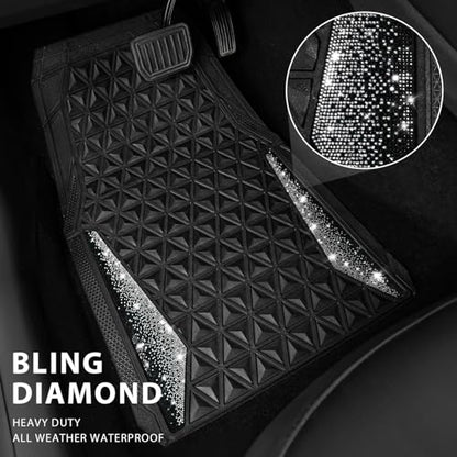 CAR PASS Bling Diamond Car Mats Rubber Floor Mats Full Set Anti-Slip 3D Rhombus Waterproof Trim to Fit Liner Universal Glitter Crystal Sparkly Shining Rhinestone Girl Women SUV Sedan Van, Black Silver - color: Silver Diamond