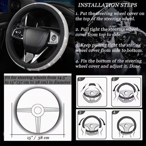 Bling Diamond Leather Steering Wheel Cover, Pink Steering Wheel Covers for Women Girls with Crystal Rhinestones, Universal Fit 14.5-15 Inch Car Steering Wheel Bling Cover Accessories - color: Black
