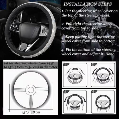 Bling Diamond Leather Steering Wheel Cover, Pink Steering Wheel Covers for Women Girls with Crystal Rhinestones, Universal Fit 14.5-15 Inch Car Steering Wheel Bling Cover Accessories - color: Black