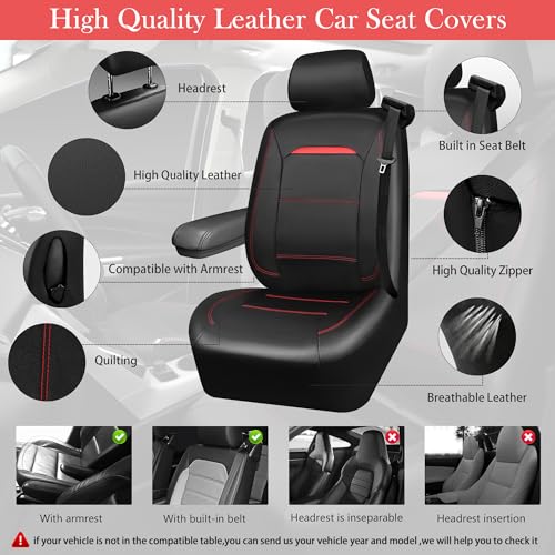 CAR PASS Leather Car Seat Cover Full Set with Steering Wheel Cover and 2PCS Seat Belt Shoulder Pads,for Trucks and SUV with Built-in Seatbelts and Front Seat Side Armrests(Combo Set, Black and Red) - color: Black Red Set