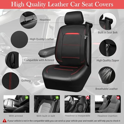 CAR PASS Leather Car Seat Cover Full Set with Steering Wheel Cover and 2PCS Seat Belt Shoulder Pads,for Trucks and SUV with Built-in Seatbelts and Front Seat Side Armrests(Combo Set, Black and Red) - color: Black Red Set