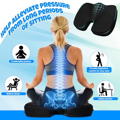 Ergonomic Seat Cushion with Memory Foam for Office Chair, Car Seat, Non-Slip Cushion, Sciatica & Tailbone Relief, Breathable Mesh Cover, Portable Handle - Black