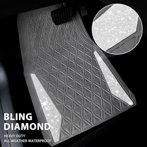 CAR PASS Bling Diamond Car Mats Gray Rubber Floor Mats Full Set Anti-Slip 3D Rhombus Waterproof Trim to Fit Liner Universal Glitter Crystal Sparkly Shining Rhinestone Girl Women SUV Sedan Van All Gray - color: Gray Rubber