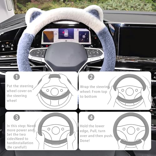Car Steering Wheel Cover, Cute Steering Wheel Protector with Kitty Cat Ears,Fluffy Soft Plush for Winter Warm, Universal Fit 15 inches for Car,SUV, Elastic & Anti-Slip (Blue/White) - color: Blue/White