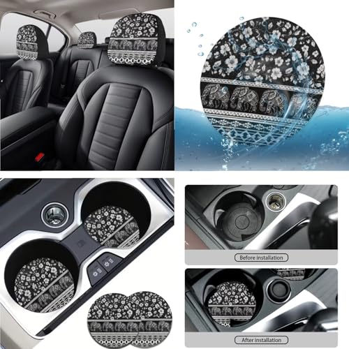 Elephant Floral Aztec White Black 15 Pcs Car Seat Cover Full Set, Protective Car Accessory Set Front Rear Seat Covers Steering Wheel Cover Seat Belt Covers Car Headrest Cover Car Coaster - color: Elephant Floral Aztec Print White Black