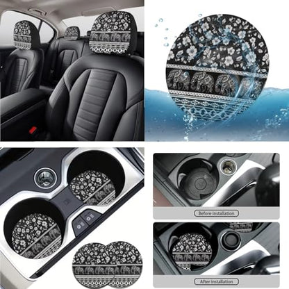 Elephant Floral Aztec White Black 15 Pcs Car Seat Cover Full Set, Protective Car Accessory Set Front Rear Seat Covers Steering Wheel Cover Seat Belt Covers Car Headrest Cover Car Coaster - color: Elephant Floral Aztec Print White Black