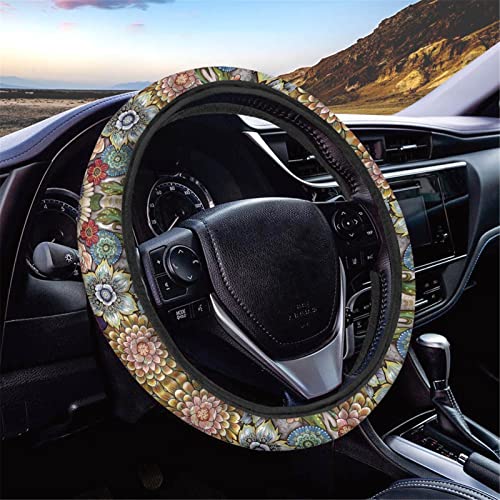 AFPANQZ Boho Floral Bright Blossoms Car Steering Wheel Covers for Womens Anti-Slip Comfortable Stretch-on Steering Wheel Protector Cover Sweat Absorption Cover Car Accessories - color: Boho Floral