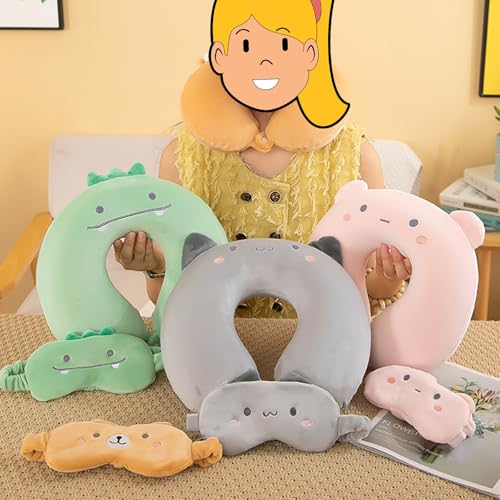 Kids Neck Pillow for Travel with Sleep Eye Mask, Cute Travel Neck Pillow, Memory Foam Flight Sleeping Headrest Pillow for Boys & Girls, Airplane, Train, Car, Home Use - Grey Cat - color: Grey Cat